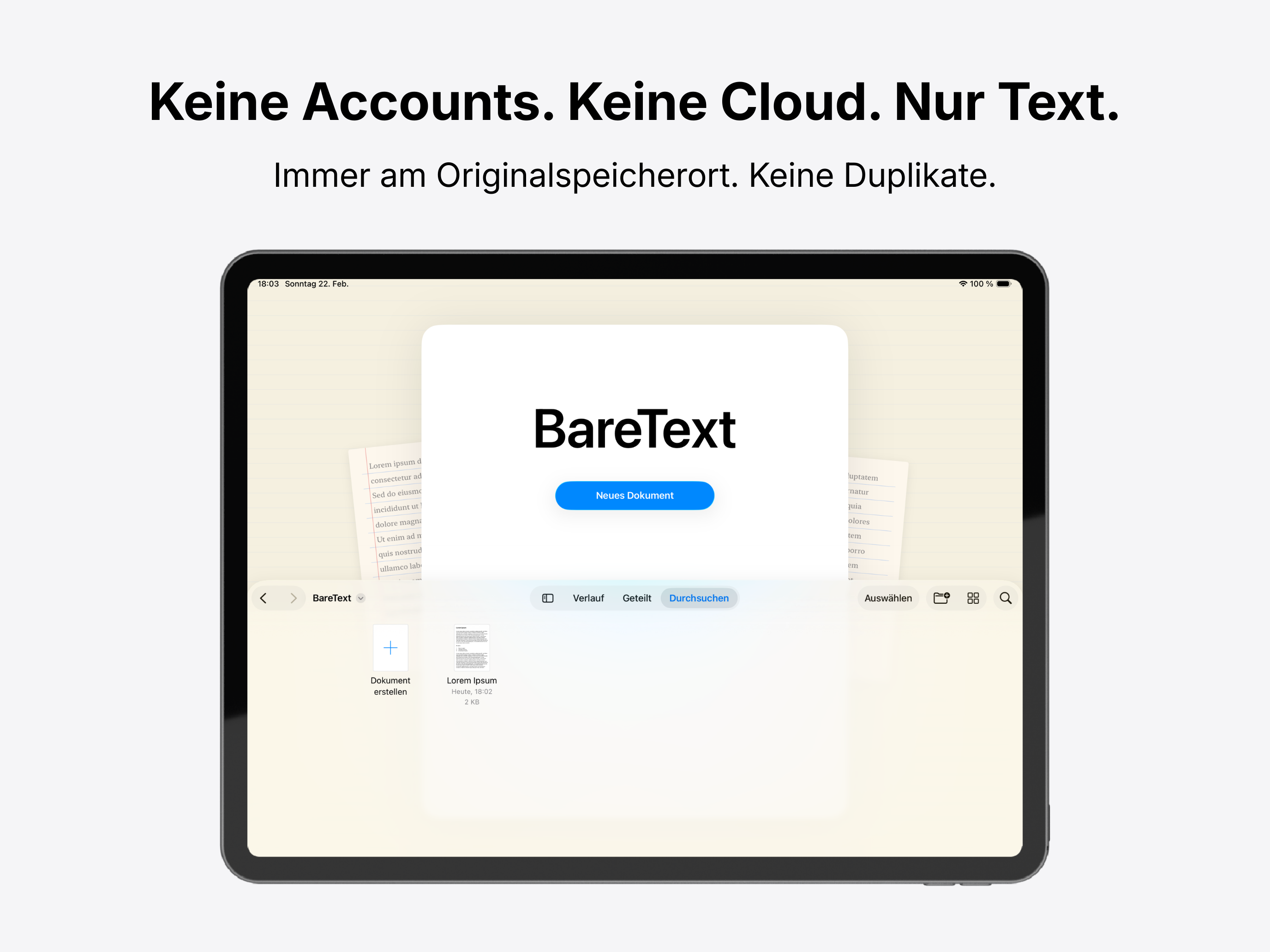 BareText Screenshot – Startbildschirm